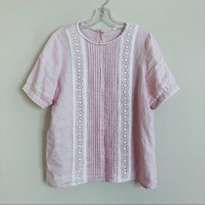 Pink Pleated Lace Linen Blouse